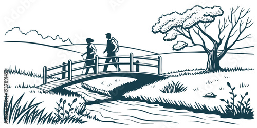 A couple walking across a bridge over a stream Vector