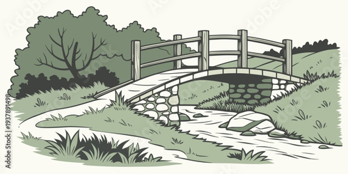 A small wooden bridge over a stream in a park Vector
