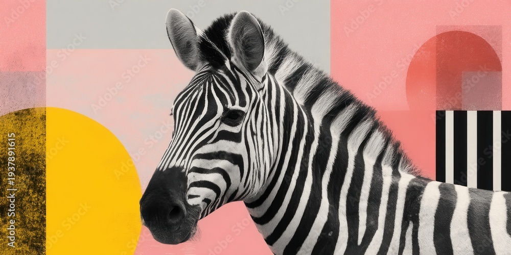 Naklejka premium Striking zebra portrait with abstract geometric shapes and pastel background