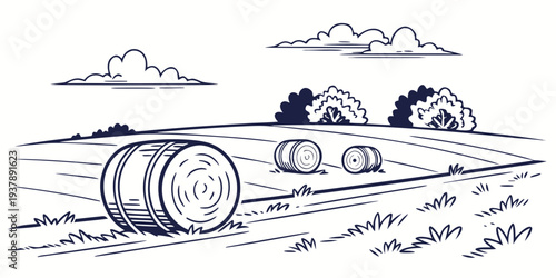 A blue and white drawing of hay bales in a field Vector