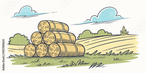 A stack of hay bales in a rural field Vector