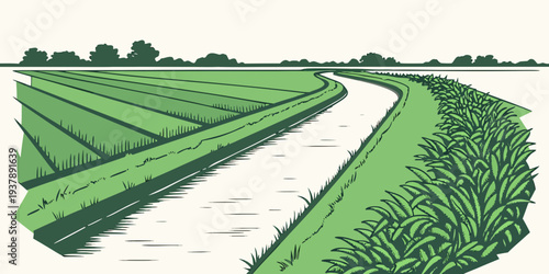 A green field with a stream running through it Vector