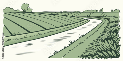 A green landscape with a river running through it Vector