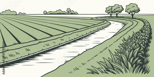 A serene landscape with a stream running through a green field Vector