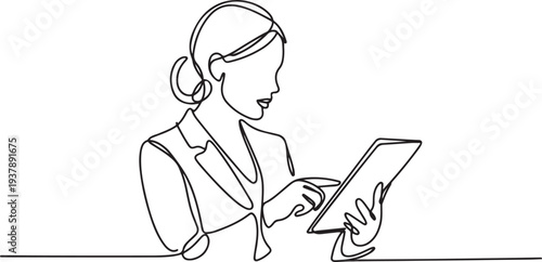 Continuous one line drawing of a businesswoman looking at the tablet computer. Hand drawn style line drawing for technology and business model and concep. Editable stroke