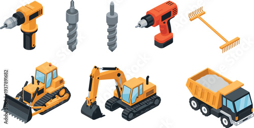 Isometric construction equipment and tools set with excavator bulldozer dump truck drills auger bits and rake vector illustration isolated on white background for industry