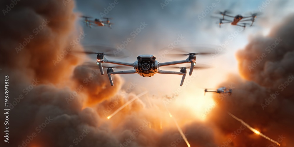Fototapeta premium Multiple drones flying through smoke and explosions in a dramatic aerial combat scene