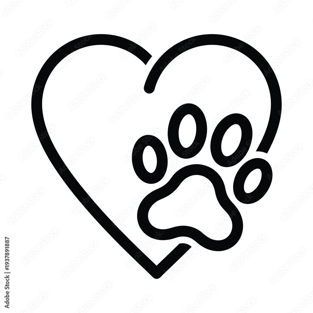 Obraz premium Heart shaped symbol with paw print animal love icon pet care logo heart paw print