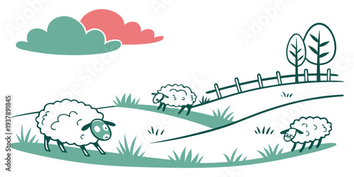 A green and white illustration of sheep in a field Vector