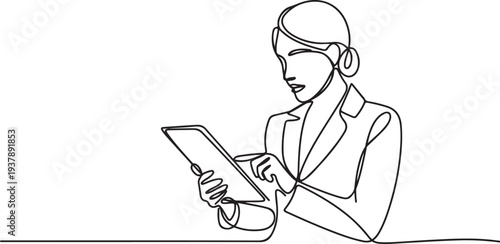 Continuous one line drawing of a businesswoman looking at the tablet computer. Hand drawn style line drawing for technology and business model and concep. Editable stroke