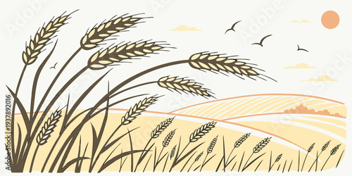 A serene landscape of wheat and birds at sunset Vector