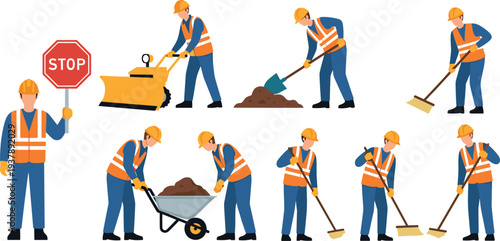 Road construction workers collection with safety uniform and equipment, street repair laborers operating tools and stop sign, maintenance service vector illustration set