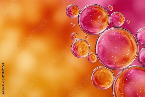 Abstract orange and pink background with floating bubbles, creating a surreal and artistic effect, suitable for modern designs and vibrant presentations.