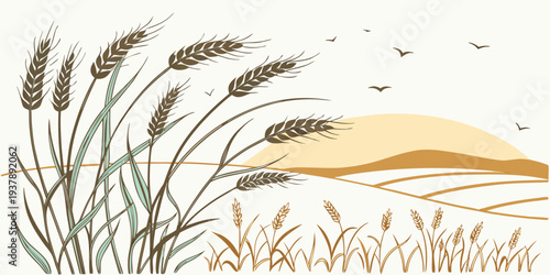 A serene landscape with grasses and a sunset Vector
