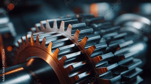 Close-up view of interlocking metal gears in a mechanical system, highlighting precision engineering