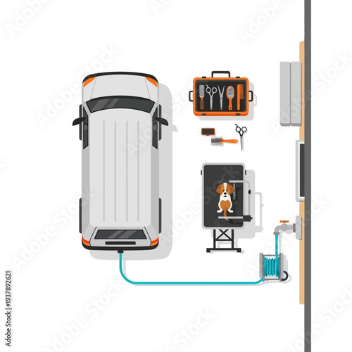 Illustrated Setup of Car Charging via Portable Generator – Cable, Tools, and Power Flow