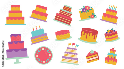 A vibrant collection of diverse and colorful cakes, showcasing various designs, tiers, and decorations for celebrations.
