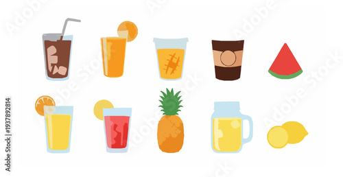 Colorful iced coffee and fruit juice drinks vector set isolated on white background refreshing beverage icons