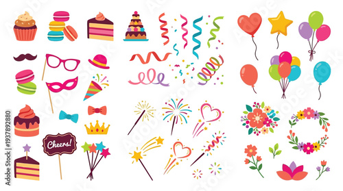 A vibrant collection of colorful party elements, including cakes, balloons, confetti, and decorations, perfect for celebrations.