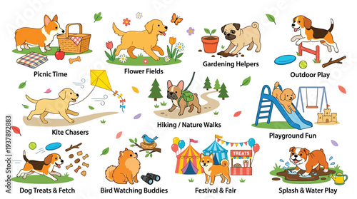 A vibrant illustration showcasing various fun activities dogs can enjoy outdoors, from picnics and kite flying to gardening and playground adventures.