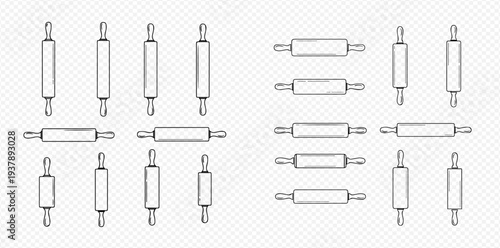 Set of sketch style rolling pins in various sizes and orientations for baking and cooking.