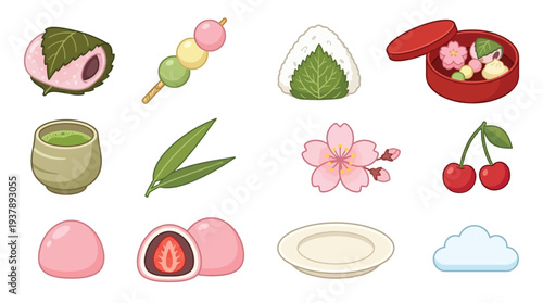 A delightful collection of Japanese sweets and treats, including mochi, dango, onigiri, and matcha tea, presented in a charming illustration.
