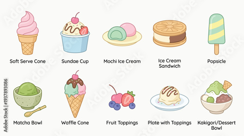 A colorful collection of various frozen desserts and treats, including ice cream cones, sundaes, mochi, sandwiches, popsicles, and fruit toppings, presented in a clean, illustrative style.