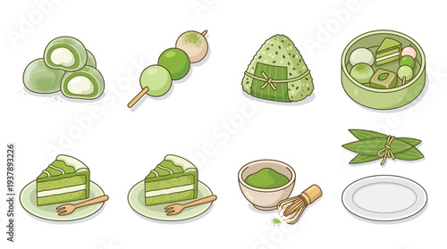 A delightful collection of green matcha-flavored Japanese sweets and treats, including mochi, dango, onigiri, and cake.