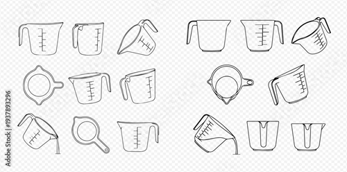 Set of hand-drawn measuring cups in various angles and styles, perfect for kitchen and cooking designs.