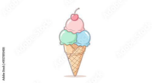 Colorful ice cream cone with cherry.