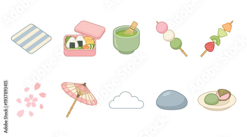 A collection of charming Japanese cultural icons, including a bento box, matcha tea set, dango skewers, and cherry blossoms.