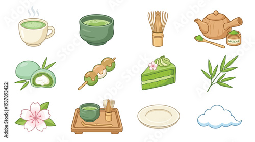 A collection of illustrations depicting various elements associated with Japanese matcha tea culture, including tea, sweets, and traditional utensils.