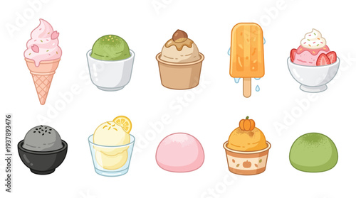A delightful collection of colorful and varied frozen desserts, including ice cream cones, sundaes, popsicles, and mochi, presented in a charming illustration.