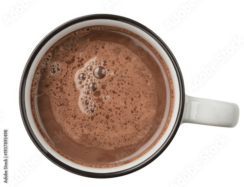 Mug of hot chocolate with bubbles on surface brown