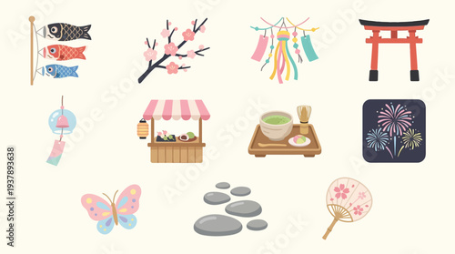 Fotografi A collection of Japanese cultural icons and symbols, including Koinobori, cherry blossoms, Tanabata decorations, a Torii gate, and fireworks