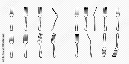 Set of metal forks in various angles and conditions, including bent and straight, for dining and kitchen use.