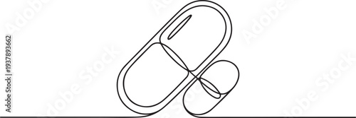 Continuous one line drawing of medical tablet and pill. Medical drugs, pharmacy , health and care line art vector illustration. Editable stroke.