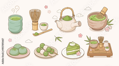 A charming collection of matcha tea ceremony elements, including a whisk, bowl, teapot, and sweet treats like mochi and cake, all rendered in a soft, pastel illustration style.