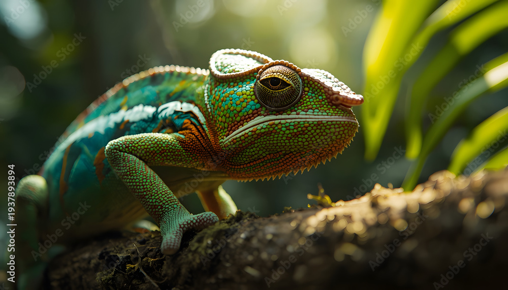 Fototapeta premium Extreme close-up macro photograph of a vibrant Panther Chameleon perched on a mossy branch, showcasing vivid scales, textured skin, striking eye detail, and natural rainforest camouflage in a stunning