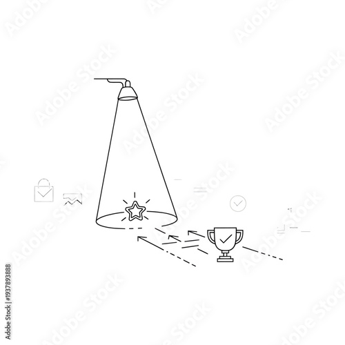 Spotlight shines on star symbolizing achievement and recognition conveying success and excellence in simple line art illustration