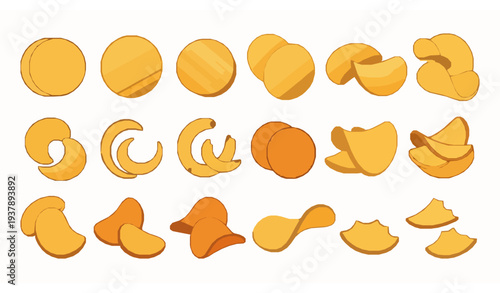 Cartoon potato chips snack vector set with crispy fried chip pieces isolated on white background