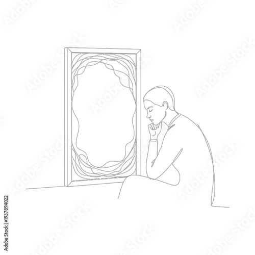 Man in suit gazes intently into a distorted mirror reflection in a minimalist sketch style illustration