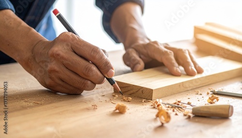 Craftsman at Work Marking Wood with Pencil Close Up on Hands Home Improvement Project.