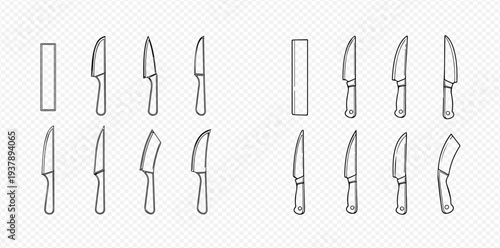 Set of hand-drawn kitchen knives, including chef, utility, paring, and bread knives, in various styles.