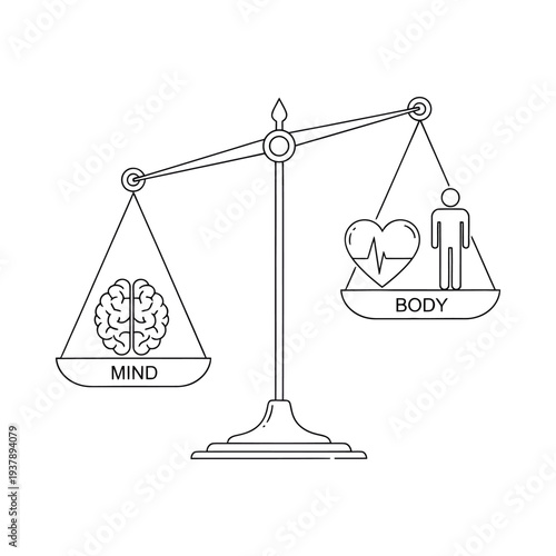 Balanced scale illustrating harmony between brain and heart symbolizing mental and physical well being with minimalist design