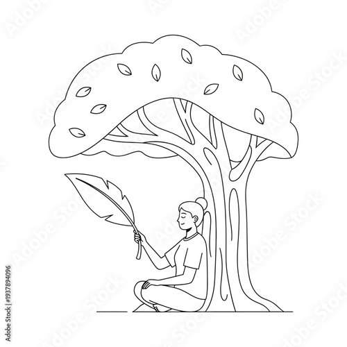 Person sitting under a large tree holding a single feather in a serene outdoor environment illustration in minimalist style