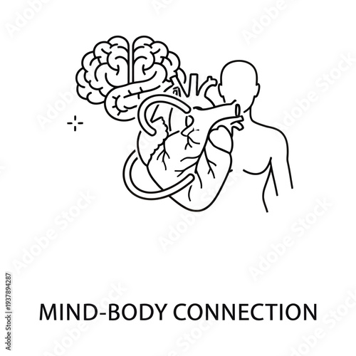 Human silhouette with brain and heart illustration emphasizing mind body connection minimalist line art style positive mental health concept