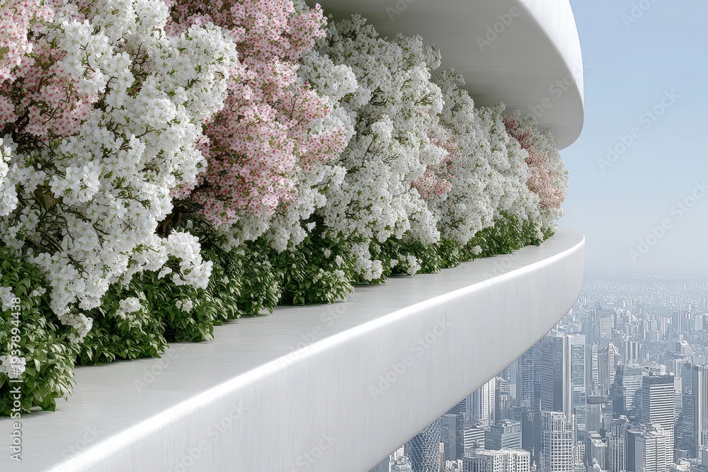 Naklejka premium A modern balcony filled with beautiful flowering bushes overlooks a bustling city, creating a serene and peaceful urban oasis with white and pink petals.