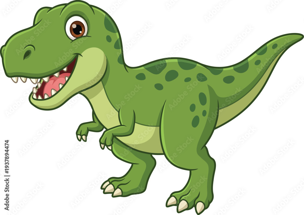 Fototapeta premium Cute green cartoon dinosaur character smiling prehistoric animal kids illustration