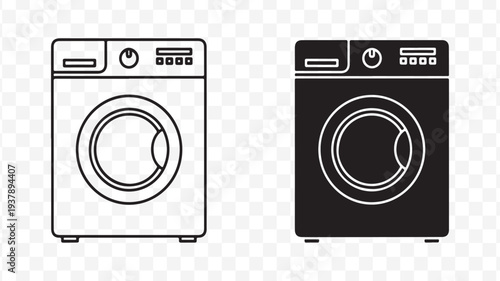 Modern washing machine line icons set, front view isolated on Transparent Background